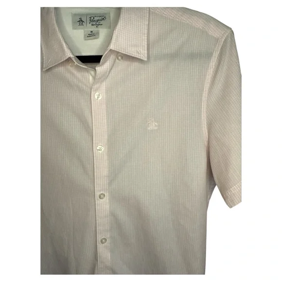NWOT Men’s Original Penguin Button Up Short Sleeve Shirt Pink/White Size Medium - Picture 2 of 5